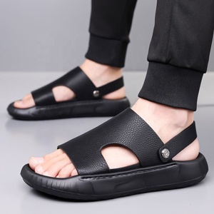 Sandales pour hommes en cuir véritable à imprimé léopard, à enfiler, à bout ouvert, décontractées d'été, antidérapantes, avec semelle en caoutchouc confortable - Product Image 2
