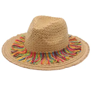Gökkuşağı halat dokuma hasır şapka dans performansı caz şapka püskül ağız güneş koruma hasır Panama şapka
