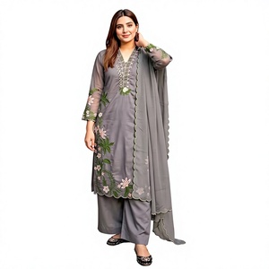 Traje Salwar Gris con Bordado Floral y Dupatta, Ropa Tradicional India y Pakistaní, Corte Holgado, Largo hasta el Suelo, Vestido para Mujer - Product Image 1