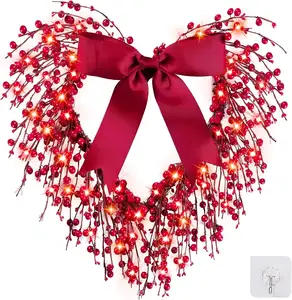 17,5 in Valentinstag Herz kranz mit Berry Red Heart Kränze Valentinstag Kranz LED Lichter Hochzeit Festival Dekor