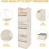 Organisateur de placard suspendu en tissu à 6 niveaux, 3 tiroirs, 2 crochets, beige, étagère pliable, rangement de vêtements peu encombrant pour chambre à coucher et armoire