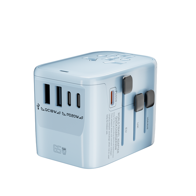 Universal Travel Adapter 65W GaN Plug Socket AC 100-250V 10A 2 USB-A/3 USB-C Ports US UK AUS EU CE/FCC for 1Yr Warranty