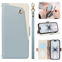 Casing Kulit Litchi Mewah Model Flip Cover Anti Benturan dengan Tali Pergelangan Tangan & Tali Leher untuk Ponsel 17/16 Grosir Pabrik