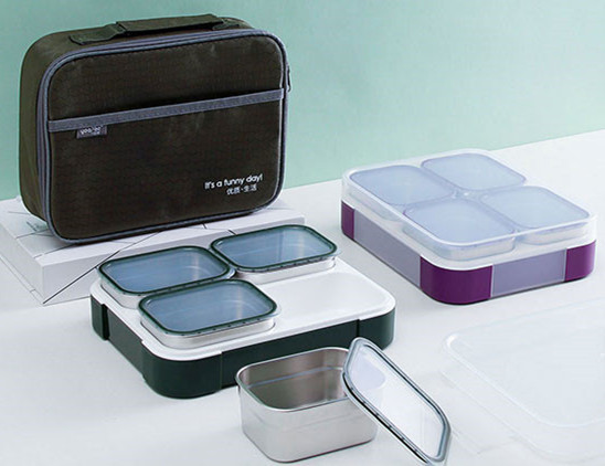 Boîte à bento en acier inoxydable vert/violet 1160ML avec 4 boîtes intérieures A