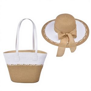 طقم قبعة ورقية واسعة الحواف وحقيبة كتف للنساء بتصميم شخصيات كرتونية للسفر والشاطئ قبعة صيفية واسعة الحواف مع حقيبة يد - Product Image 1