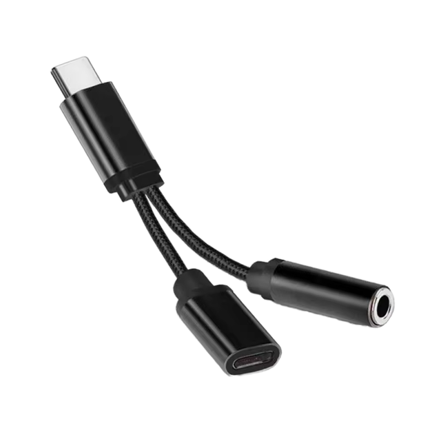 2 in 1 USB-C to 3.5mm Aux Audio Earphone Cable with PVC Jacket-Fast Charger Extension for Camera & Speaker Use