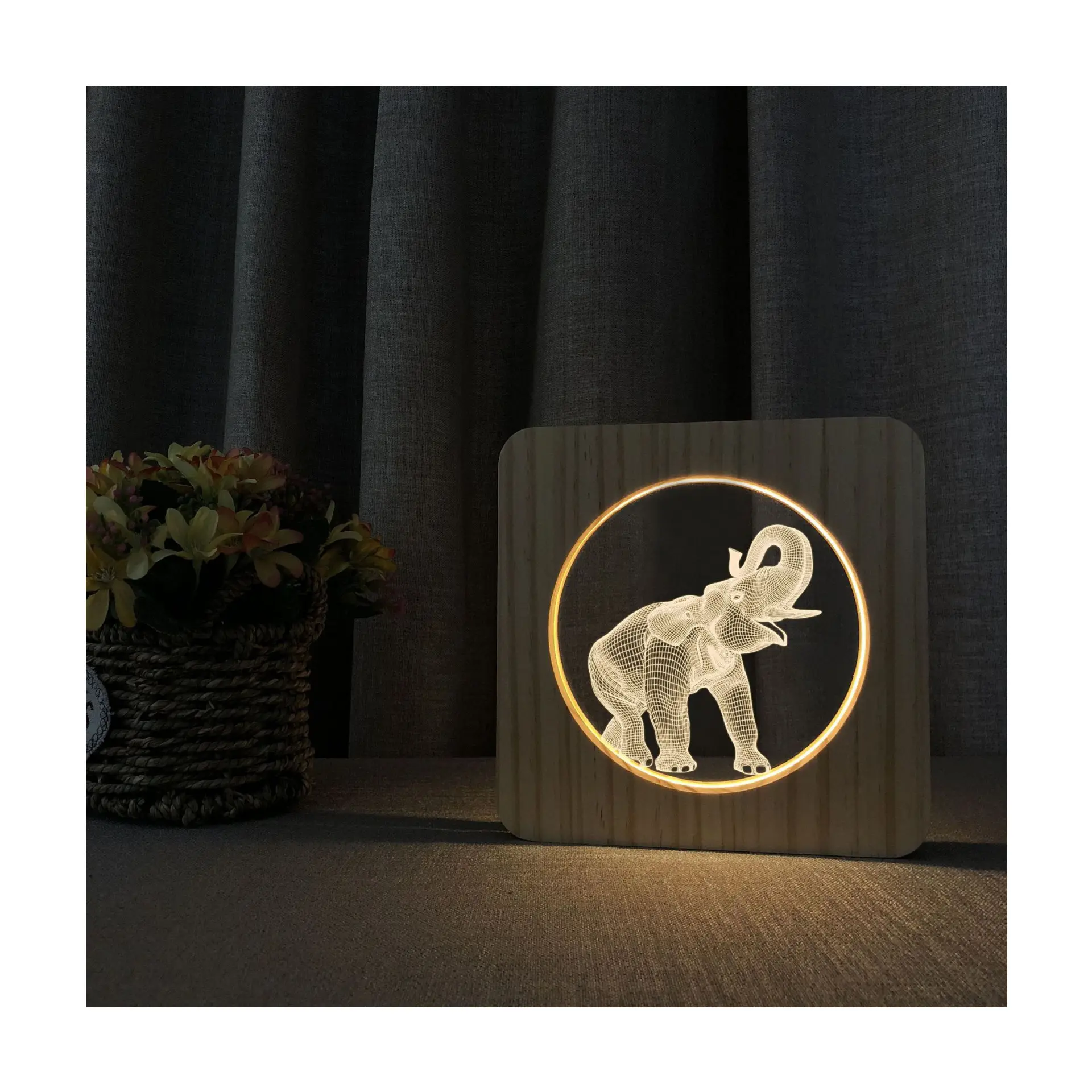 Dormitorio de madera LED elefante anime 3D luz nocturna mesa de madera tallado lámpara de escritorio base regalos artesanías