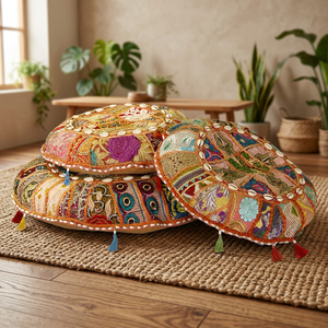 Housse de coussin pour siège de sol en Patchwork, Sari brodé, élégant, Style indien, couverture ronde - Product Image 3