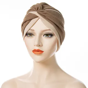 2022 New Women Fashion Twisted Indian Hats Two Color Stitched Forehead Cross Folded Muslim Hijab Ladies Pleated Hijab Hat