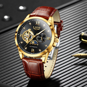 Lige Luxury Automatic Mechanical Watch Men's Stainless Steel Oval Case Glass <b>Crystal</b> Leather Strap <b>Moon</b> Phase Waterproof - Product Image 4