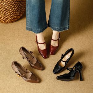 Zapatos de Tacón Alto con Correa de Hebilla y Punta Puntiaguda en Charol Marrón para Mujer, Zapatos de Tacón Alto para Todas las Temporadas - Product Image 5