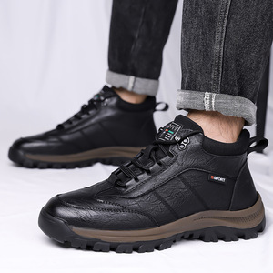 Botas de senderismo de invierno para hombre, zapatos informales para deportes al aire libre con forro polar y suela gruesa, color negro, calzado cálido de invierno con cordones y parte superior alta - Product Image 2