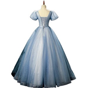 Women Long Skirt Gray Blue Polyester Stage Performance Dress With Embroidery For Solo Performance Coming Of Age Ceremony - Product Image 5