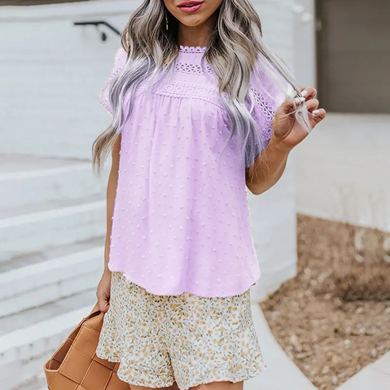 2022 popular European and American round neck lace crochet pompom short-sleeved casual shirt top women