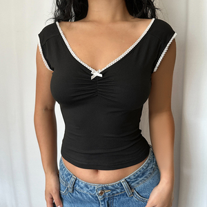 Sweet Cool Girl Bow Tank <b>Top</b> Ruffle Trim Color Block V Neck Sleeveless Fashion <b>Top</b> Women - Product Image 4