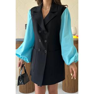 Elegante Vestido Negro con Mangas en Contraste Azul, Silueta Recta, Tejido de Tela, Cómodo para el Trabajo - Product Image 2