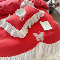 Parure de lit en coton lavé style princesse, broderie élégante en dentelle de chiffon, 4 pièces, ensemble de housse de couette de luxe shabby chic pour la décoration intérieure