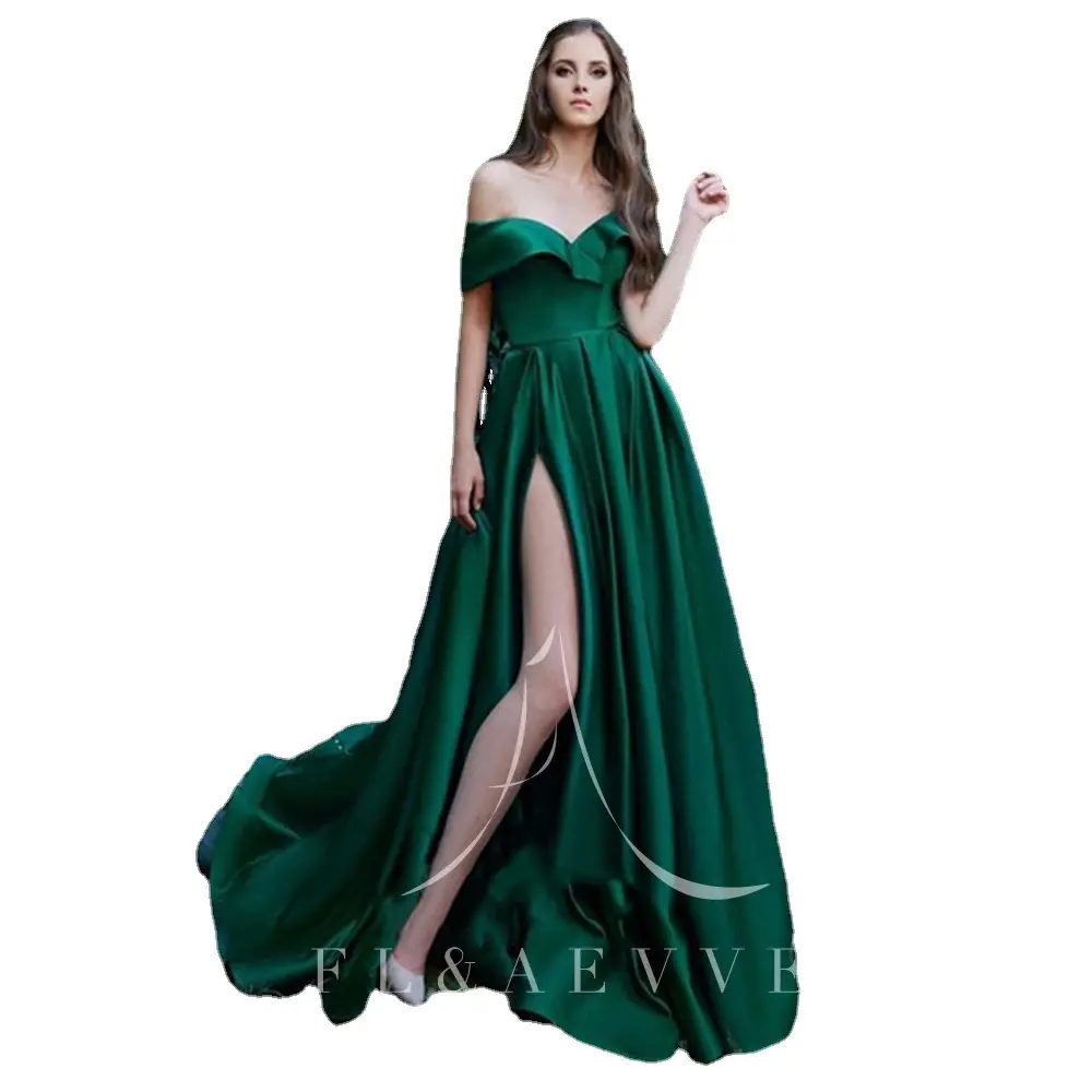 Luxury Elegant Design Women's Party Dresses Off Shoulder Evening Gown Robes Plus Size Long Green Bridesmaid Satin Split Dress