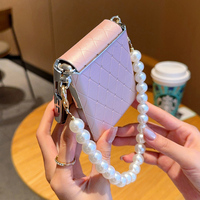 Funda Plegable para Teléfono con Diseño de Cuadrícula de Rombo, de Cuero, con Brazalete de Perlas, Marco Dorado Electrochapado, Resistente a Impactos