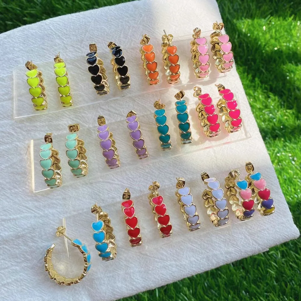 Wholesale Latest Summer Neon Fashion Pink Yellow Dripping Oil Enamel Big Love Heart Stud Hoop Earrings For Party