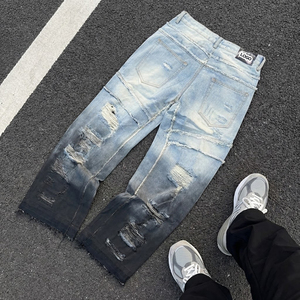 Jeans bleu délavé tendance pour hommes, de haute qualité, design déchiré à <span class=keywords><strong>changement</strong></span> progressif, jeans droits pour hommes, pantalon large personnalisé - Product Image 2