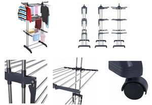 Séchoir à <span class=keywords><strong>linge</strong></span> pliable en acier inoxydable à 4 niveaux avec étagères mobiles, séchoir pour vêtements, porte-vêtements avec 4 roues - Product Image 4