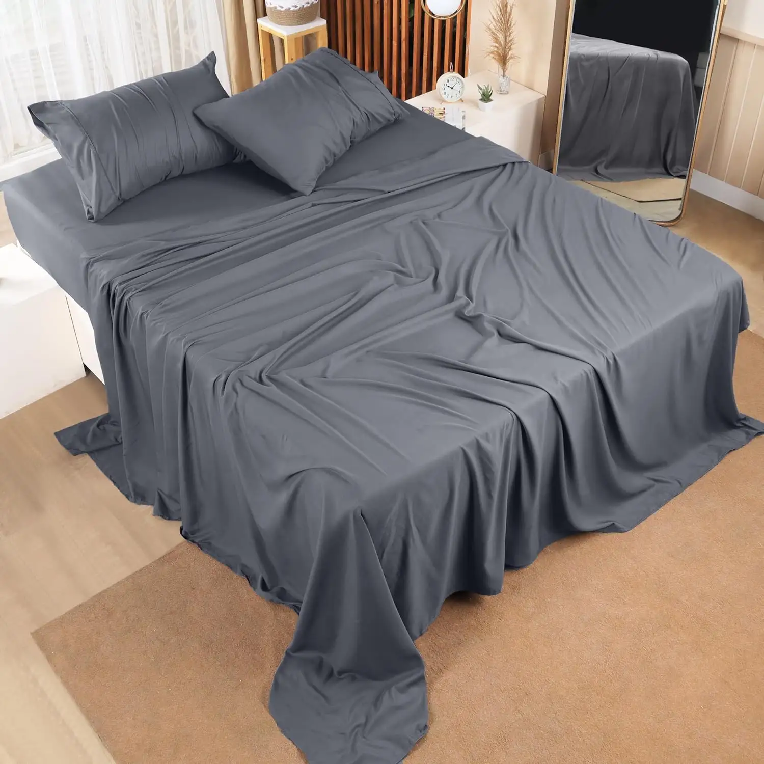 पर्यावरण के अनुकूल रिंकल मुक्त फिटेड शीट मशीन से धोने योग्य होटल बिस्तर 4 पीसी शीट चादरें