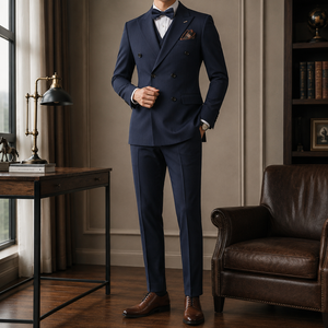 Completo da Uomo <span class=keywords><strong>Blu</strong></span> Navy <span class=keywords><strong>Doppiopetto</strong></span> a Righe Sottili 3 Pezzi: Blazer, Gilet e Pantaloni - Ideale per Matrimoni, Cerimonie, Gala, Business, Feste e Eventi Formali - Vendita all'Ingrosso - Product Image 2