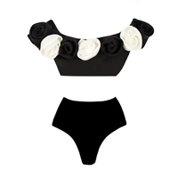 Ensemble bikini 2 pièces de luxe fait main taille haute avec motif floral 3D, tissu extensible écologique, teint uni, vêtement de plage délavé
