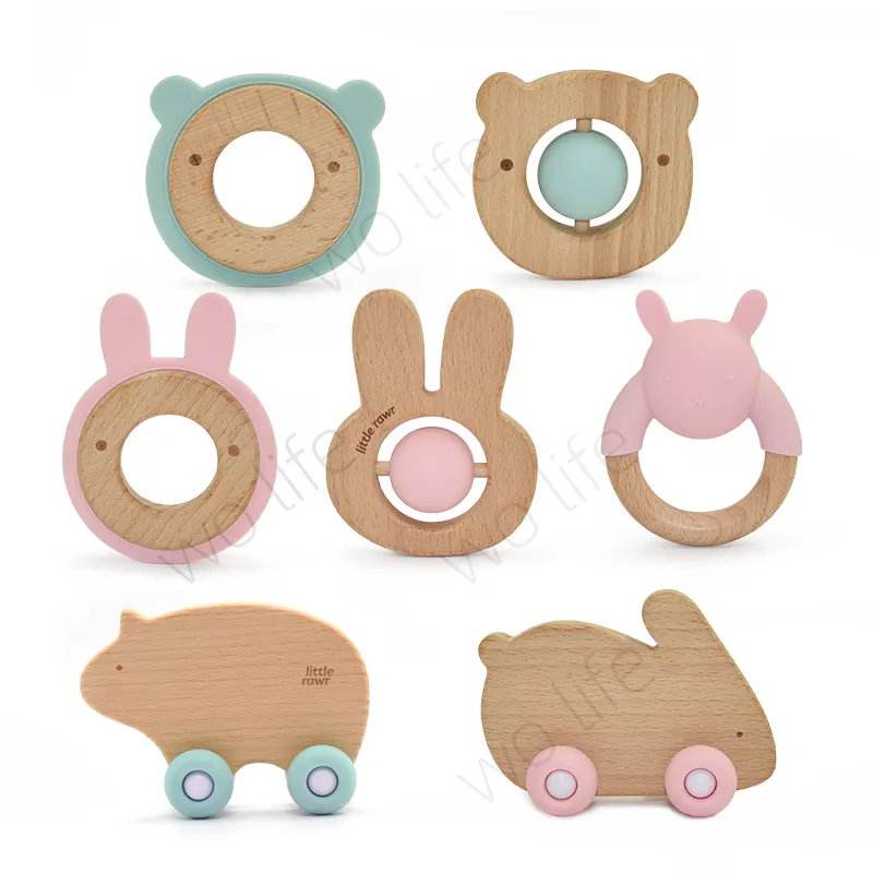 Hot Sale Hot Little Rawr New Design Silicone Wood Car Set Montessori Wooden Education Baby Toys