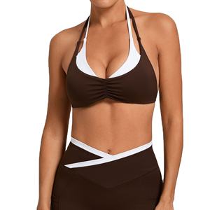 Débardeur de sport ajusté bicolore pour femme avec logo personnalisé, séchage rapide, col halter, <span class=keywords><strong>dos</strong></span> élégant, soutien-gorge de sport pour la gym et le fitness - Product Image 1