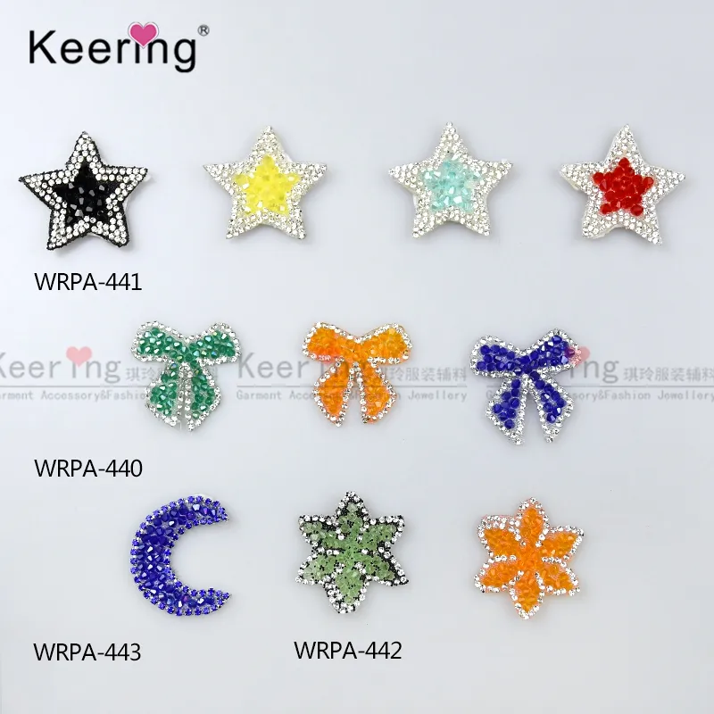 WRA-440-443 Fancy resin stone star moon bow stras iron on rhinestone dance appliques for children wear and bag