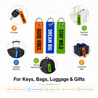 Étiquettes personnalisées en tissu avec emballage de vente au détail, sangles de bagages OEM avec slogan, porte-clés de motocross pour moto, voiture, sac à dos