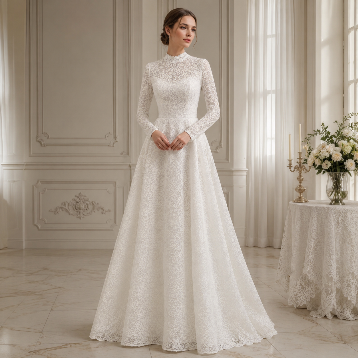 modest wedding dress designs Modern Islamic Floor-Length Full Lace High Neck Long Sleeve A-Line Bridal Gown with Sweep Train Prime of Lime Catalina smarttag_best_products Dress styles SIZ:8.5