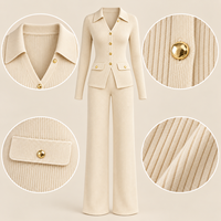 Ensemble coordonné en tricot pour femme, cardigan en mélange de fibres de laine personnalisé avec boutons dorés et pantalon large à taille haute, pour le bureau