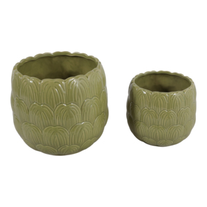 Vasi in ceramica testurizzata per piante da interno ed esterno, set di due fioriere decorative verdi - Product Image 3