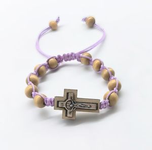 LC202512104 도매 목재 합금 예수 십자가 팔찌 구슬 짠 끈 여성 남성 기독교 종교 묵주 팔찌 - Product Image 5