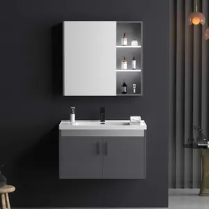 Wall Mounted Hign Quality Glass Laminate Glossy Grey Rock Slab Cabinet Ceramic Wash Basin Bathroom Vanity with Smart Mirror