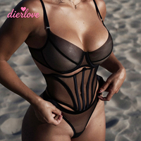 Dierlove Body string sculptant noir transparent en résille avec armatures et baleines, style corset, lingerie sexy pour femme