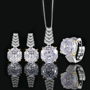 Fashion Eco-friendly Copper Rose Cut 14-12MM White Zircon Temperament Bridal Necklace <b>Earrings</b> Ring Jewelry <b>Set</b> for Wedding - Product Image 3