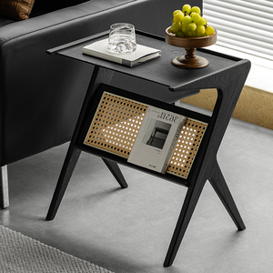 Table d'appoint en rotin et bois de frêne noir, petit mobilier de bureau, table de chevet, étagère de rangement, porte-revues, simple - Product Image 5