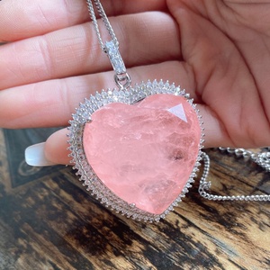 Fashion 32*32mm Pink Gem Retro Sweater <b>Chain</b> Jewelry Eco-friendly <b>Copper</b> Big Pink Heart Pendant Necklace for Female Daily Wear - Product Image 1