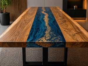 Table à manger en bois et résine époxy de luxe, meubles modernes faits à la main, combinaison de bois naturel et de résine, table à manger personnalisée pour la maison - Product Image 4