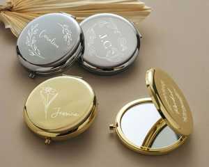 Customized Wedding Favor Gold Metal Compact Mirror Bridal Shower Favor Mirror Birth Flower for Her