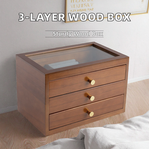 Boîte à bijoux rectangulaire en bois avec couvercle en verre - Organisateur de bijoux durable à 3 niveaux, 3 tiroirs, finition polie pour les cadeaux de Noël et d'Halloween - Product Image 2