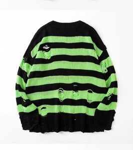 <strong>Black</strong> <strong>Red</strong> <strong>Striped</strong> Sweaters Washed Destroyed Ripped Sweater Crew Neck Men Hole Knit <strong>Jumpers</strong> Men Women - Product Image 6