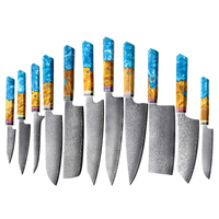 Ensemble de couteaux de cuisine professionnels en résine et bois : Hachoir, Couteau à désosser, Couteau à découper, Couteau Santoku, Couteau de Chef VG10 Damas