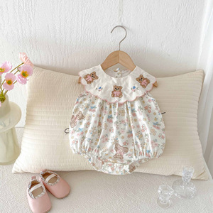 Combinaison en coton pour bébé fille Angou Baby's Summer Floral Hare, adorable barboteuse à motif d'ours, tenue fine sans manches, vêtements pour bébé - Product Image 3