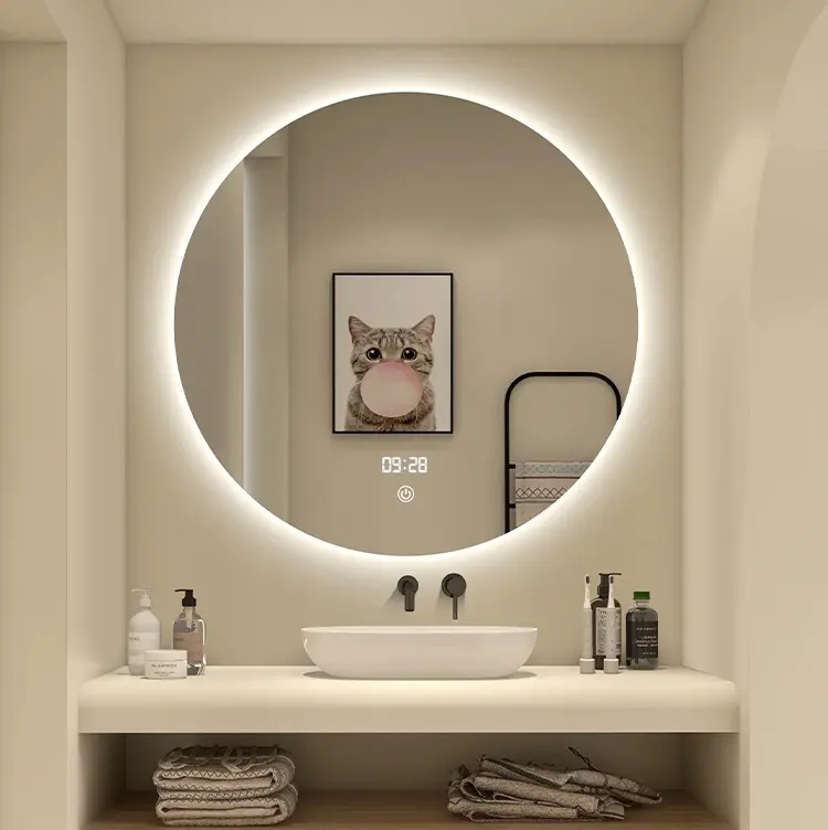 Grand miroir mural de luxe rétro-éclairé LED, miroir de salle de bain rond Anti-buée