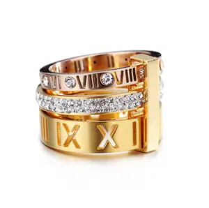 朋克多层锆石戒指妇女不锈钢18k金罗马数字戒指女结婚戒指首饰